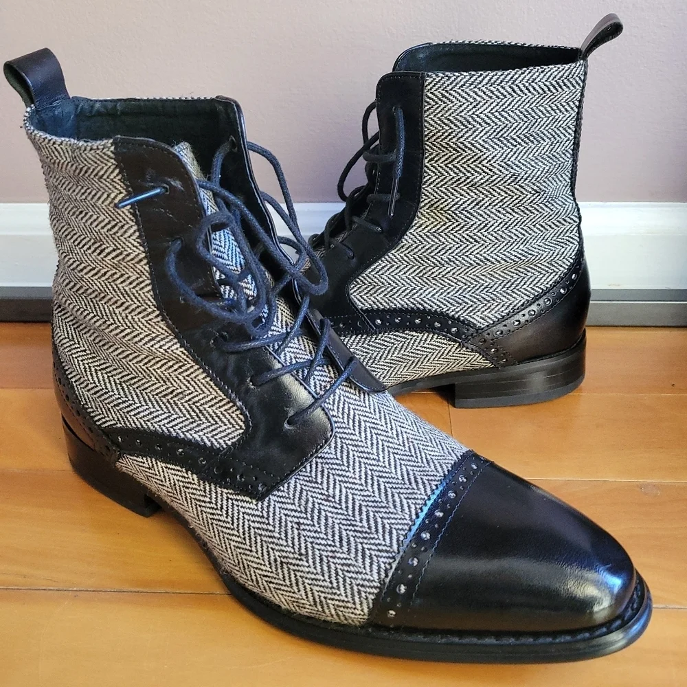 Giovanni Mens Gray Black Herringbone Lace Up Tweed Ankle Oxford Boots Size 8.5